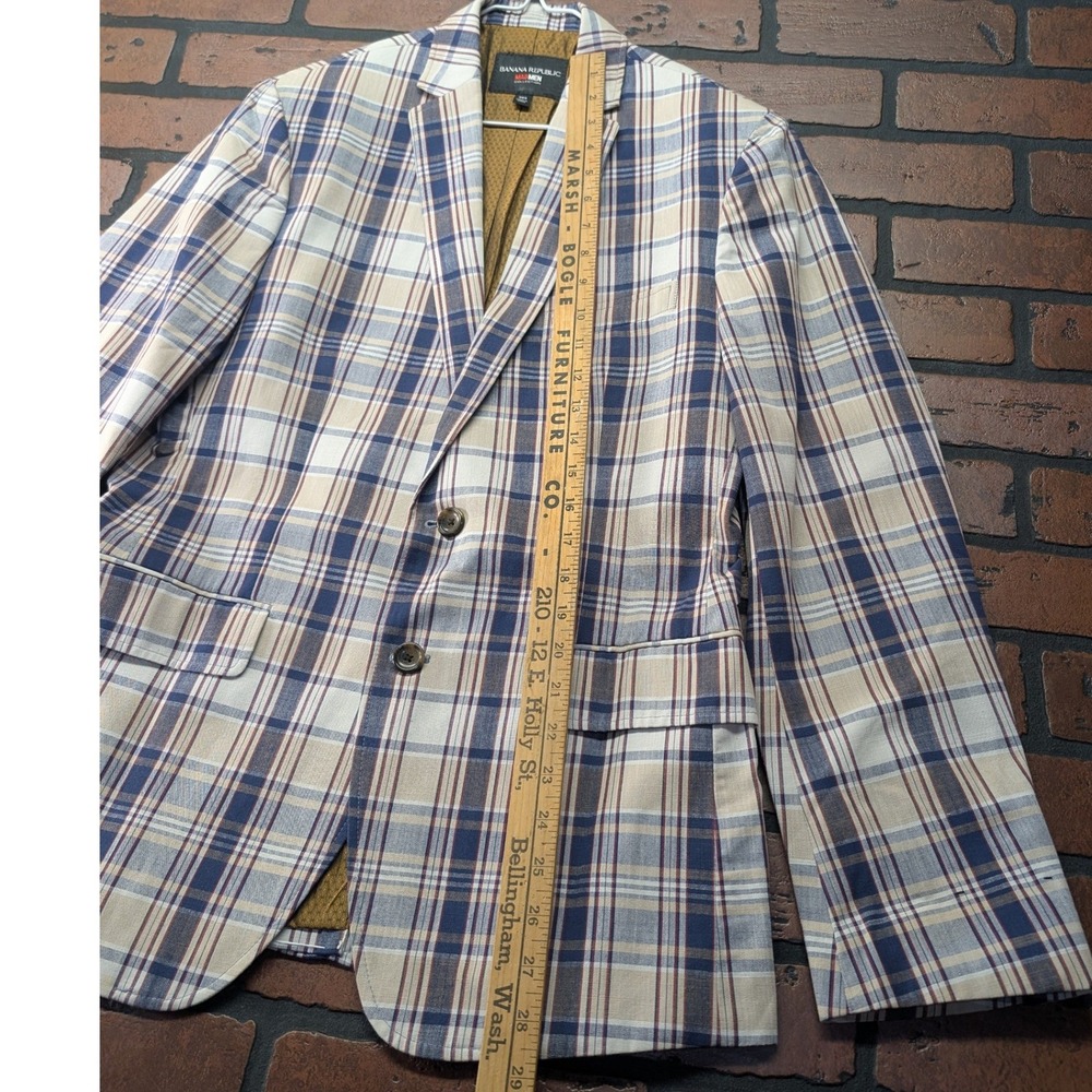 Banana Republic Mad Men Plaid Blazer 38S Tailored Slim Fit Navy Red Gold Lining - Picture 9 of 16